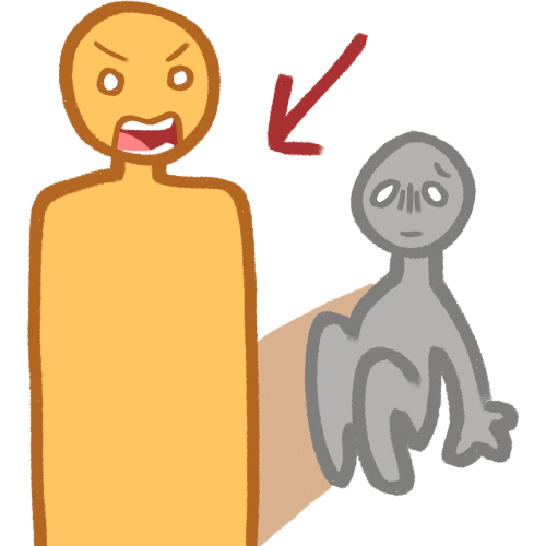 A large angry yellow figure. in their shadow crouches a small grey scared figure